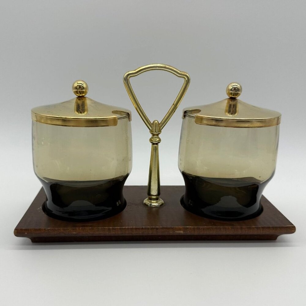 Vintage Condiment Serving Dish Wood Tray Smokey Glass Bowls Retro Gold Brown